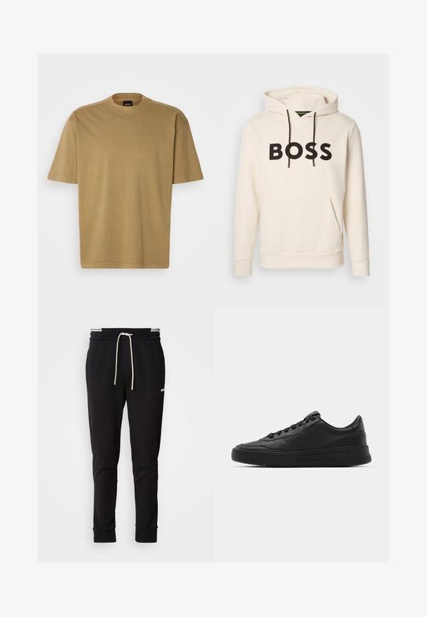 Kreemivärvi kapuutsiga särk, millel on must "BOSS" tekst rinna peal, mustad nöörid ja esine tasku.; Khaki puuvillane T-särk lühikeste varrukatega, ümmarguse kaelusega ja mugava lõikega. Sisekaeluses on minimaalne bränding. Puhas ja lihtne disain.; Mustad slim-fit spordipüksid valge paelaga, ribakudumiga sääreotstes ja õrn logo ülemisel reies, mille taust on lihtne.; Mustmustel musta nahast ülemise osaga, ümmarguse varbaga, lamest paeltega, pehmendatud kaeluse ja minimalistliku disainiga. Kummist tald, millel on peen tihenemine.