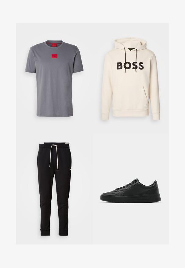 Cremefarvet hoodie med sort "BOSS" tekst på brystet, sorte snore og en front kangaroo lomme.; Grå kortærmet T-shirt lavet af bomuld, med et lille rødt rektangulært logo med "HUGO" centreret på brystet. Rund halsudskæring.; Sorte slim-fit joggingbukser med hvid snor, ribbede manchetter og subtilt logo på den øvre lår mod en ensfarvet baggrund.; Sort sneakers med glat læderoverdel, rund tå, flade snørebånd, polstret krave og minimalistisk design. Gummisål med subtilt mønster.