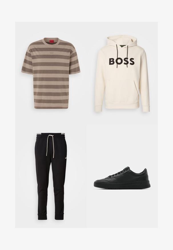 Kremna kapuca s črnim napisom "BOSS" na prsih, črnimi vrvicami ter sprednjim žepom v obliki kenguruja.; Brahamo in bež črtasta majica s krožnim ovratnikom, kratkimi rokavi in subtilnim logotipom na prsih. Gladka bombažna tekstura.; Črne slim-fit trenirke s belim vrvico, rebrastimi manšetami in subtilnim logotipom na zgornjem stegnu na enobarvnem ozadju.; Črne superge z gladkim usnjenim zgornjim delom, okroglo konico, ravnimi vezalkami, oblazinjeno ovratnikom in minimalističnim dizajnom. Gumijast podplat z diskretnim profilom.