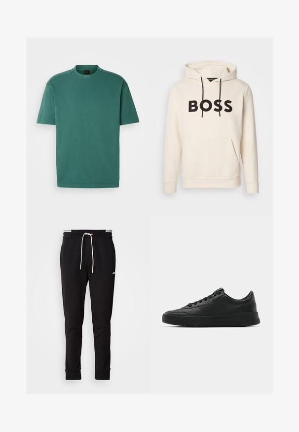 Krémová mikina s kapucí a černým nápisem "BOSS" na hrudi, černými stahovacími šňůrkami a přední kapsou ve stylu klokan.; Zelené tričko s krátkým rukávem vyrobené z bavlny, s žebrovaným kulatým výstřihem a decentními akcenty na ramenech. Minimalistický design bez vzorů.; Černé slim-fit joggingové kalhoty s bílou stahovací šňůrkou, žebrovanými manžetami a jemným logem na horní části stehna na jednoduchém pozadí.; Černé tenisky s hladkým koženým svrškem, kulatou špičkou, plochými tkaničkami, polstrovaným límcem a minimalistickým designem. Gumová podrážka s jemným vzorkem.