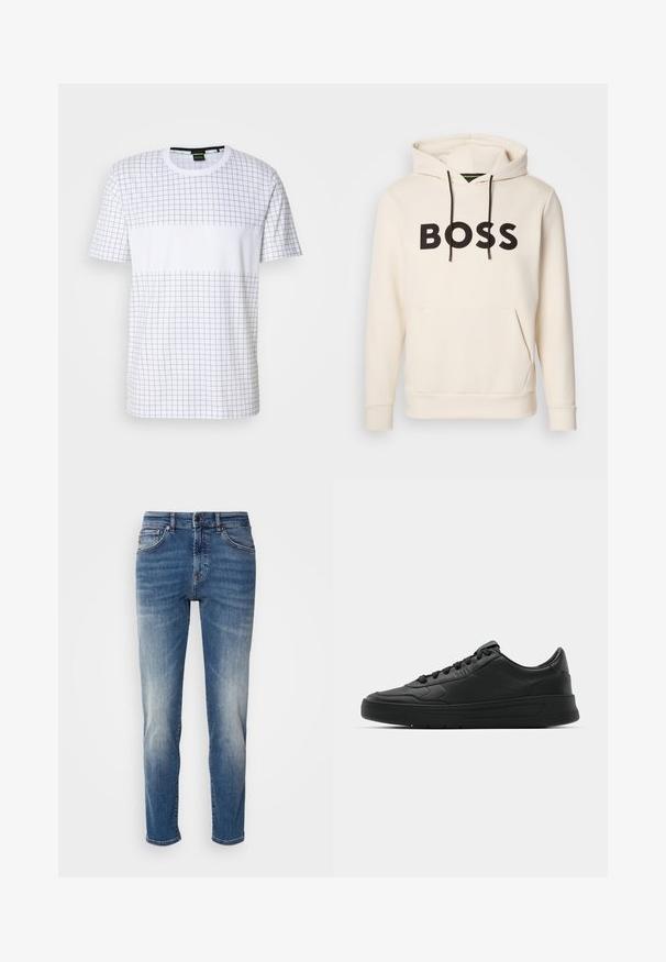 Kremna kapuca s črnim napisom "BOSS" na prsih, črnimi vrvicami ter sprednjim žepom v obliki kenguruja.; Bela kratka majica s kratkimi rokavi z mrežastim vzorcem v sivi barvi. Oblikovanje vključuje enoten trak preko sredine z detajlom logotipa.; Modre kavbojke z ravnim krojem, svetlimi madeži, klasičnim pet-pocket stilom in zadrgo s pripenjalnim gumbom.; Črne superge z gladkim usnjenim zgornjim delom, okroglo konico, ravnimi vezalkami, oblazinjeno ovratnikom in minimalističnim dizajnom. Gumijast podplat z diskretnim profilom.