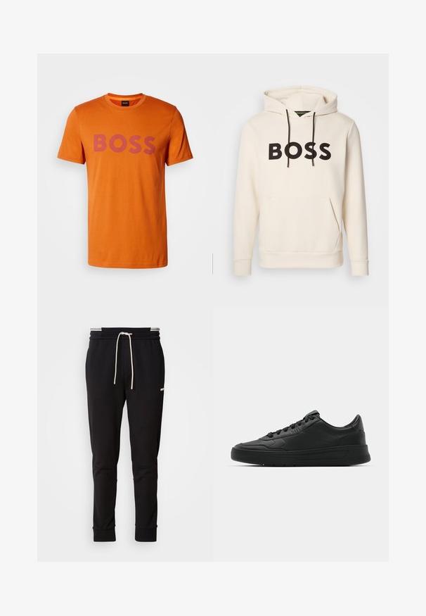 Sudadera color crema con el texto "BOSS" en negro en el pecho, cordones negros y un bolsillo canguro en la parte frontal.; Camiseta de algodón naranja de manga corta, con un destacado logo morado "BOSS" en el pecho, cuello redondo y textura suave.; Pantalones jogger ajustados negros con cordones blancos, puños acanalados y un logo sutil en el muslo superior sobre un fondo liso.; Zapatilla negra con parte superior de cuero liso, puntera redonda, cordones planos, cuello acolchado y diseño minimalista. Suela de goma con un patrón de relieve sutil.