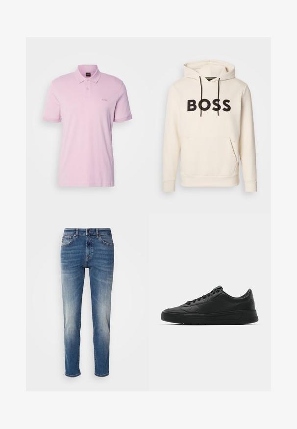 Krémová mikina s kapucňou a čiernym textom "BOSS" na hrudi, čiernymi šnúrkami a prednou kengurou vreckom.; BOSS Polokošeľa - open purple; Modré denimové džínsy s rovnými nohavicami, svetlým vyblednutím, klasickým päťvreckovým dizajnom a zipsom s gombíkovým zapínaním.; Čierne tenisky s hladkým koženým zvrškom, okrúlym špičkou, plochými šnúrkami, polstrovaným golierom a minimalistickým dizajnom. Gumená podrážka s jemným vzorom behúňa.