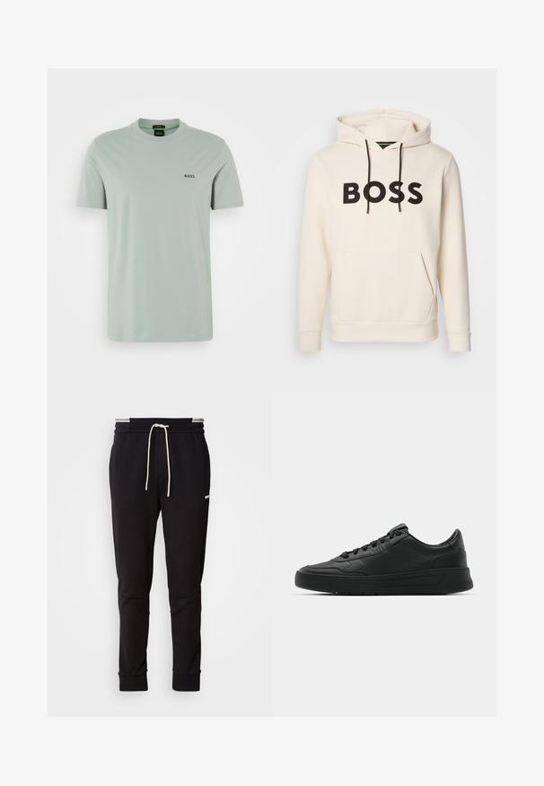 Krémová mikina s kapucňou a čiernym textom "BOSS" na hrudi, čiernymi šnúrkami a prednou kengurou vreckom.; Svetlozelené bavlnené tričko s krátkymi rukávmi a okrúhlym výstrihom. Na hrudi sa nachádza čierne logo "BOSS". Hladká textúra.; Čierne slim-fit teplákové nohavice s bielou šnúrkou na stiahnutie, rebrovanými manžetami a nenápadným logom na hornej strane stehna na jednofarebnom pozadí.; Čierne tenisky s hladkým koženým zvrškom, okrúlym špičkou, plochými šnúrkami, polstrovaným golierom a minimalistickým dizajnom. Gumená podrážka s jemným vzorom behúňa.