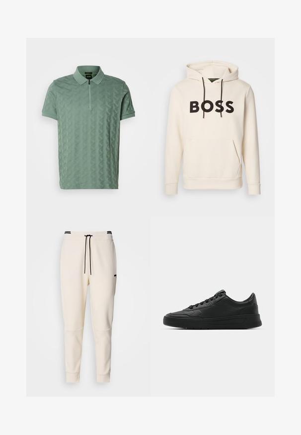 Kreminės spalvos džemperis su juodu "BOSS" tekstu ant krūtinės, juodomis pavadėlėmis ir priekinėmis kengūros kišenėmis.; Trumpas rankovės žalios polo marškinėliai su tekstūruota geometrine raštu, užtrauktuko apykaklė ir subtilus išsiuvinėjimas krūtinėje.; Sviestinės spalvos džinsai su elastine juostele ir raišteliu, juodais akcentais, siaurėjančiomis kojomis ir šoninėmis kišenėmis.; Juodi sportiniai batai su lygia odine viršutine dalimi, apvaliu pirštu, plokščiomis raišteliais, pagaminta su paminkštinta apykakle ir minimalizmo dizainu. Guma padais su subtilia protektoriaus raštu.