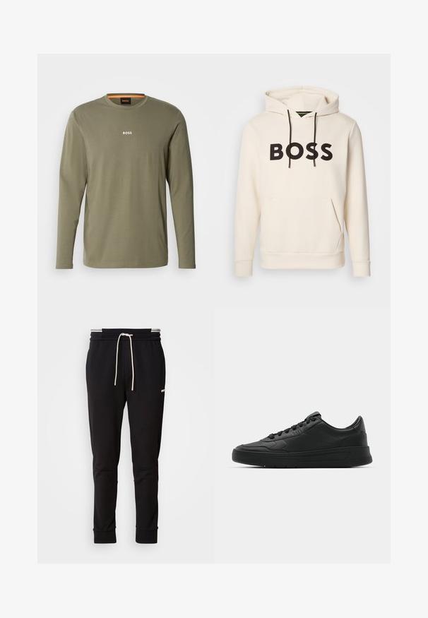 Helle Hoodie in Cremefarbe mit schwarzem "BOSS"-Text auf der Brust, schwarzen Kordelzügen und einer frontalen Kängurutasche.; Langärmliges, olivgrünes T-Shirt aus weichem Stoff mit Rundhalsausschnitt und weißem "BOSS"-Logo auf der Brust. Glatte Textur.; Schwarzere Slim-Fit-Jogginghose mit weißem Kordelzug, gerippten Bündchen und subtilen Logo am Oberschenkel auf einem schlichten Hintergrund.; Schwarze Sneaker mit glattem Lederobermaterial, runder Zehenpartie, flachen Schnürsenkeln, gepolstertem Kragen und minimalistischem Design. Gummisohle mit subtiler Profilierung.