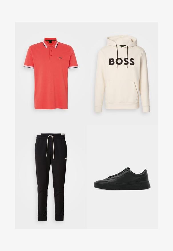 Kremfarget hettegenser med svart "BOSS" tekst på brystet, svarte snorer og en kengurulomme foran.; Polo skjorte i korall med to-knaps placket, korte ermer med svart og hvit stripet kant, og en liten svart "BOSS" logo på brystet.; Sorte slim-fit joggebukser med hvit snor, ribbede mansjetter og subtil logo på den øvre låret mot en ensfarget bakgrunn.; Sorte sneakers med glatt skinnøvre, rund tå, flate lisser, polstret krage og minimalistisk design. Gummisåle med subtilt mønster.