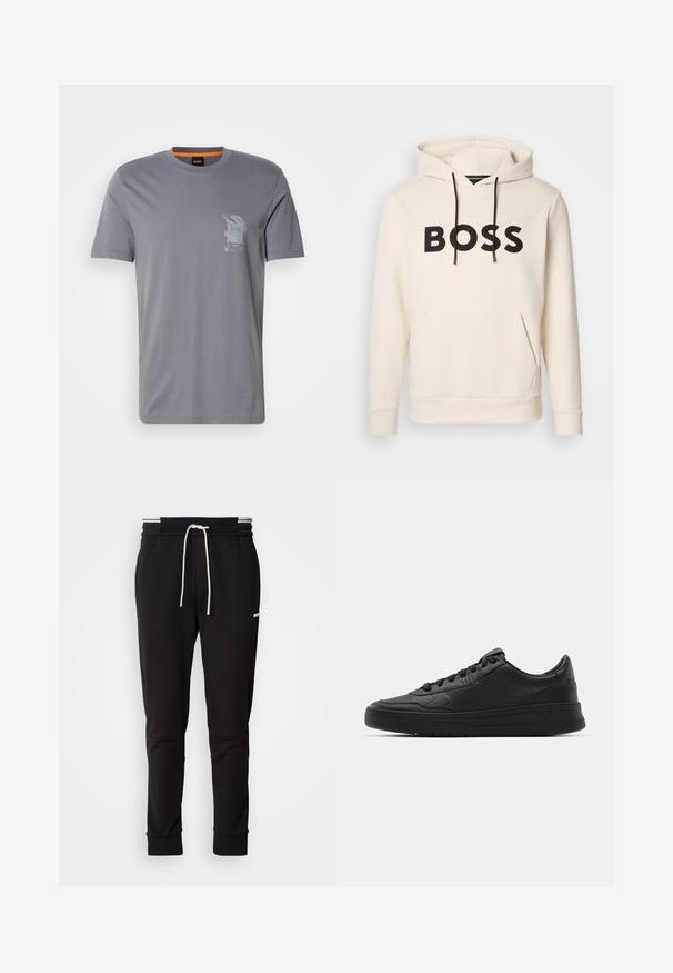 Hoodie color crema con testo "BOSS" nero sul petto, cordini neri e tasca a kangaroo anteriore.; T-shirt in cotone grigio con scollatura rotonda, maniche corte e stampa grafica sulla parte sinistra del petto. L'etichetta interna presenta accenti arancioni.; Pantaloni jogger slim-fit neri con cordoncino bianco, polsini a coste e logo discreto sulla coscia contro uno sfondo uniforme.; Sneaker nera con tomaia in pelle liscia, punta rotonda, lacci piatti, collare imbottito e design minimalista. Suola in gomma con un delicato motivo a rilievo.