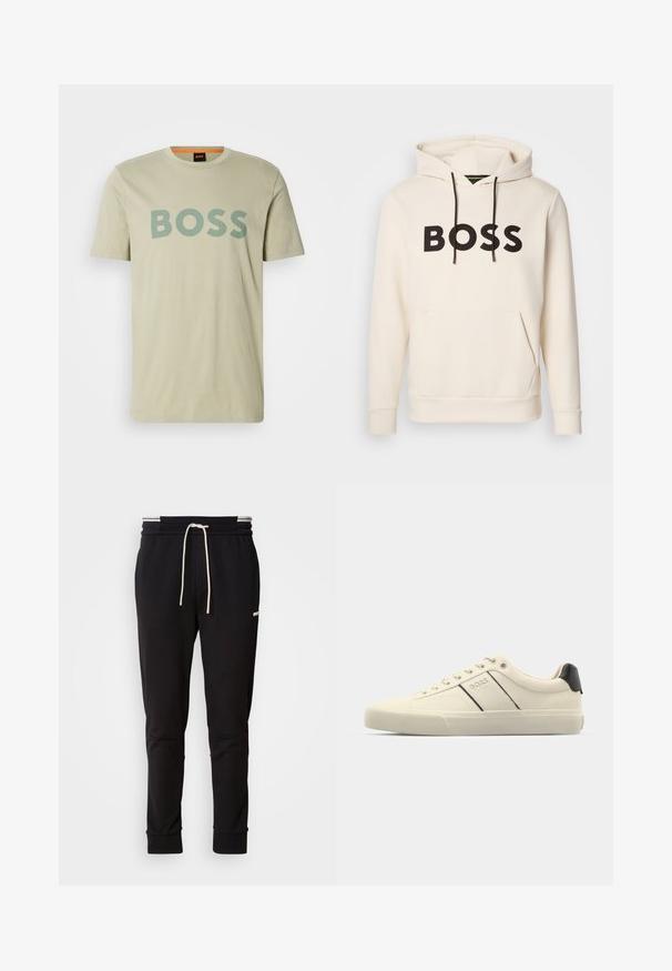 Sudadera color crema con el texto "BOSS" en negro en el pecho, cordones negros y un bolsillo canguro en la parte frontal.; Camiseta de algodón beige con un prominente logo verde de "BOSS" en el frente, mangas cortas y un clásico escote redondo.; Pantalones jogger ajustados negros con cordones blancos, puños acanalados y un logo sutil en el muslo superior sobre un fondo liso.; Zapatillas de color crema con una textura suave, que presentan acentos y marcas en negro. Diseño clásico de cordones con punta redonda y suela de goma.
