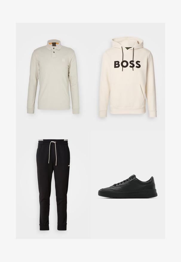 Kermakuvioinen huppari, jossa musta "BOSS" -teksti rinnassa, mustat narut ja etupuolella kengurupocket.; Pitkähihaisen poolopaita vaaleanbeigeä puuvillaa. Varusteena kaulus, kaksi nappia ja pieni, kohokuvioitu logo rinnassa. Oranssi sisäkaulus.; Musta slim-fit juoksuhousut valkoisella nauhalla, ribbireunat ja hillitty logo ylemmässä reidessä tasaisella taustalla.; Mustat lenkkitossut, joissa on sileä nahkapäällinen, pyöreä kärki, tasaiset nauhat, pehmustettu nilkka ja minimalistinen muotoilu. Kumia pohja, jossa on hillitty urakuvio.