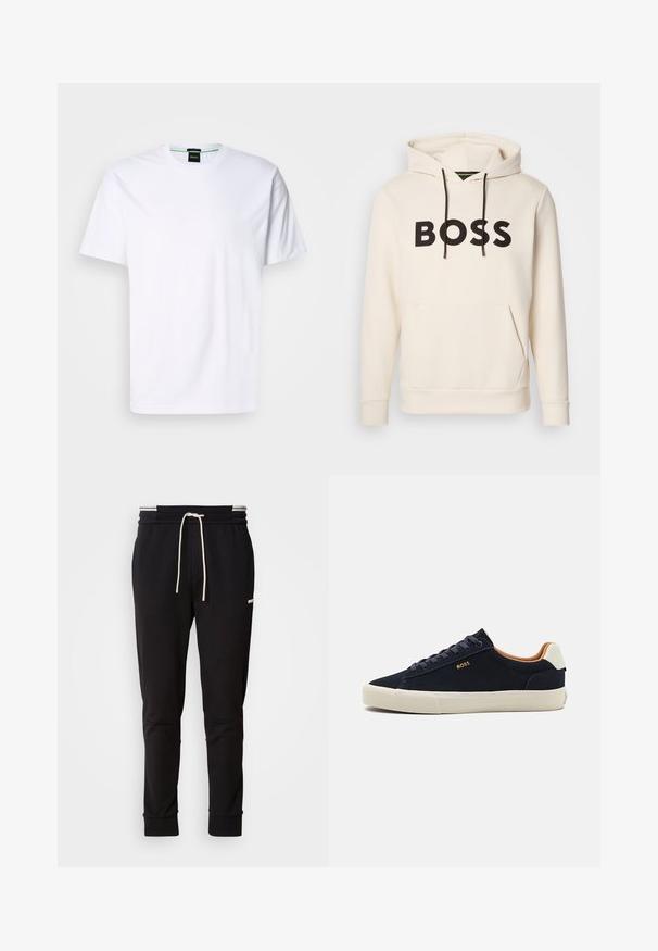 Krēmkrāsas kapuce ar melnu "BOSS" tekstu uz krūtīm, melniem auklām un priekšējo kangaru kabatu.; Baltas kokvilnas T-krekls ar apaļu kakla izgriezumu un īsām piedurknēm. Priekšpusē ir diskreta gaismas krāsas logo druka. Klasiska piegriezuma.; Melni slaidi jogger bikses ar baltu auklu, ribotām piedurknēm un diskrētu logo augšstilbā uz vienkārša fona.; Jūras zila zamšāda zema tipa sporta apavi ar gaiši brūnu zoli, kontrastējošu brūnu iekšpusi un logotipa detaļu uz ārējās puses. Iespējas ietver apaļās šnerves un gludu faktūru.