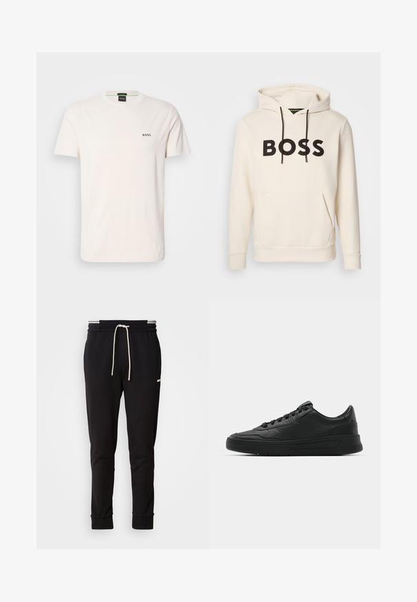 Cremefarvet hoodie med sort "BOSS" tekst på brystet, sorte snore og en front kangaroo lomme.; Cotton t-shirt i off-white med rund halsudskæring. Har et lille sort "BOSS" logo på brystet. Normal pasform og korte ærmer.; Sorte slim-fit joggingbukser med hvid snor, ribbede manchetter og subtilt logo på den øvre lår mod en ensfarvet baggrund.; Sort sneakers med glat læderoverdel, rund tå, flade snørebånd, polstret krave og minimalistisk design. Gummisål med subtilt mønster.