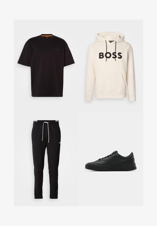 Κρεμ χρώματος hoodie με μαύρο κείμενο "BOSS" στο στήθος, μαύρες κορδόνες και μπροστινή τσέπη καγκουρό.; Μαύρο βαμβακερό T-shirt με χαλαρή εφαρμογή, στρογγυλή λαιμόκοψη, κοντά μανίκια και διακριτική λεπτομέρεια λογότυπου σε σκούρο χρώμα στο στήθος. Η εσωτερική ετικέτα είναι πορτοκαλί.; Μαύρο παντελόνι jogger σε στενή γραμμή με λευκή κορδονιέρα, ραμμένα μανίκια και διακριτικό λογότυπο στο πάνω μέρος του μηρού, σε απλό φόντο.; Μαύρο αθλητικό παπούτσι με λείο δέρμα, στρογγυλή μύτη, επίπεδα κορδόνια, μαξιλαρωμένο κολάρο και μινιμαλιστικό σχέδιο. Καουτσούκ σόλα με ήπιο μοτίβο πρόσφυσης.
