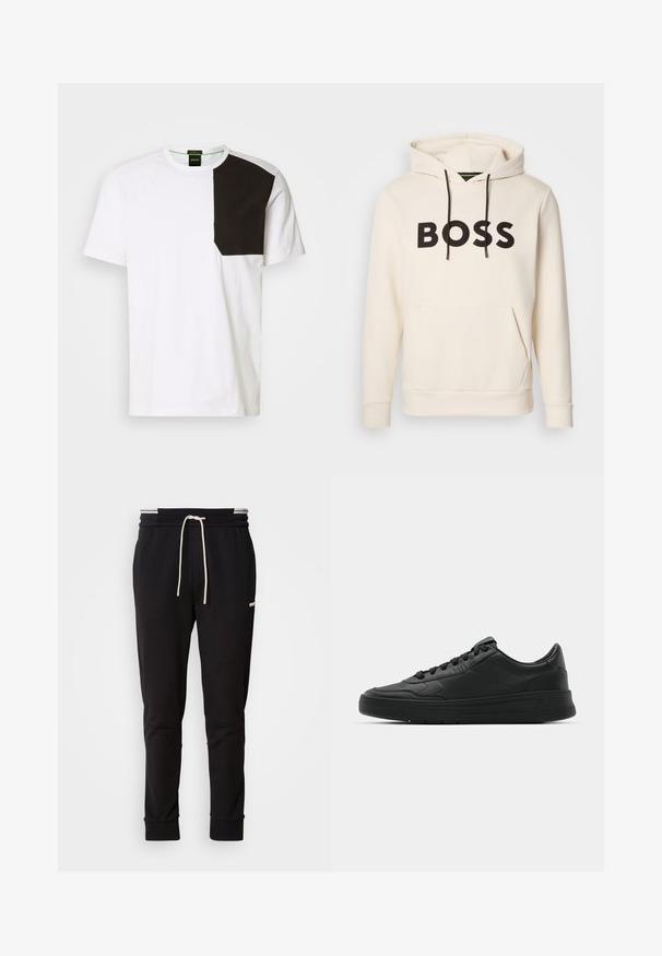 Kremfarget hettegenser med svart "BOSS" tekst på brystet, svarte snorer og en kengurulomme foran.; Hvit bomull T-skjorte med en svart strukturert lapp på venstre side. Rund hals og korte ermer, med subtil merkevarebygging på lappen.; Sorte slim-fit joggebukser med hvit snor, ribbede mansjetter og subtil logo på den øvre låret mot en ensfarget bakgrunn.; Sorte sneakers med glatt skinnøvre, rund tå, flate lisser, polstret krage og minimalistisk design. Gummisåle med subtilt mønster.