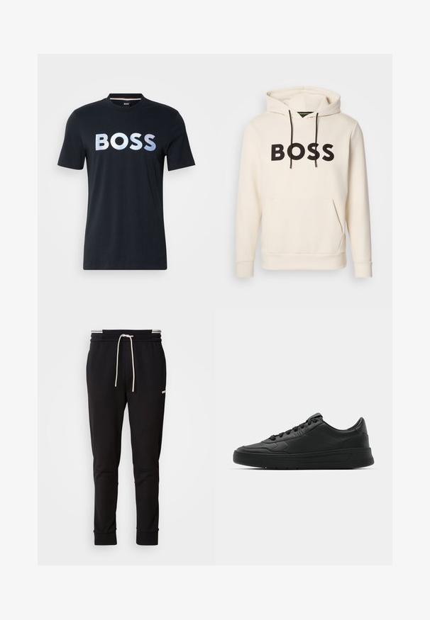 Kreminės spalvos džemperis su juodu "BOSS" tekstu ant krūtinės, juodomis pavadėlėmis ir priekinėmis kengūros kišenėmis.; Juoda medvilninė marškinėlių palaidinė su dideliu metaliniu gradientu "BOSS" logotipu per krūtinę. Apvalaus kaklo dizainas ir trumpomis rankovėmis.; Juodi siauri džinsai su balta raišteliu, viršutinėje šlaunies dalyje su subtiliu logotipu, ant vienalytės fono.; Juodi sportiniai batai su lygia odine viršutine dalimi, apvaliu pirštu, plokščiomis raišteliais, pagaminta su paminkštinta apykakle ir minimalizmo dizainu. Guma padais su subtilia protektoriaus raštu.