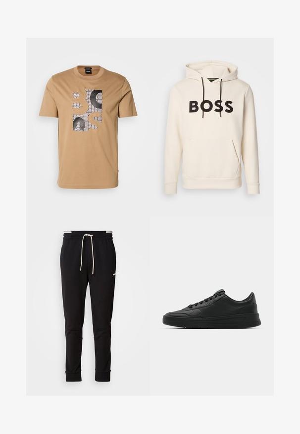 Κρεμ χρώματος hoodie με μαύρο κείμενο "BOSS" στο στήθος, μαύρες κορδόνες και μπροστινή τσέπη καγκουρό.; Μπεζ κοντομάνικο t-shirt με μαύρα και λευκά μοτίβα σε μπλοκ γράμματα που απεικονίζουν τη λέξη "BOSS" στο μπροστινό μέρος.; Μαύρο παντελόνι jogger σε στενή γραμμή με λευκή κορδονιέρα, ραμμένα μανίκια και διακριτικό λογότυπο στο πάνω μέρος του μηρού, σε απλό φόντο.; Μαύρο αθλητικό παπούτσι με λείο δέρμα, στρογγυλή μύτη, επίπεδα κορδόνια, μαξιλαρωμένο κολάρο και μινιμαλιστικό σχέδιο. Καουτσούκ σόλα με ήπιο μοτίβο πρόσφυσης.