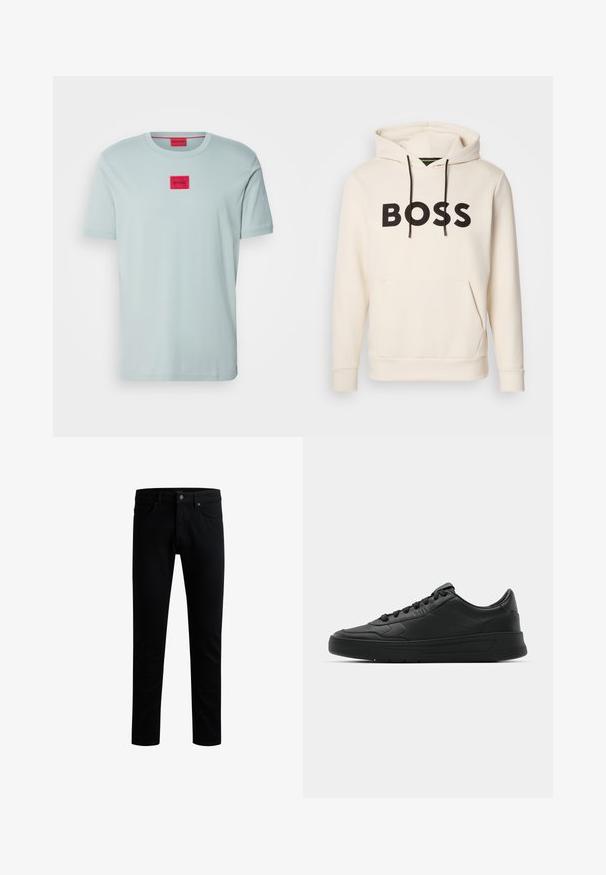 Cremefarvet hoodie med sort "BOSS" tekst på brystet, sorte snore og en front kangaroo lomme.; HUGO DIRAGOLINO - T-shirts basic - open grey; Sorte denim jeans med lige pasform, fem-lomme design, frontknaplukning og diskrete syninger på linningen.; Sort sneakers med glat læderoverdel, rund tå, flade snørebånd, polstret krave og minimalistisk design. Gummisål med subtilt mønster.