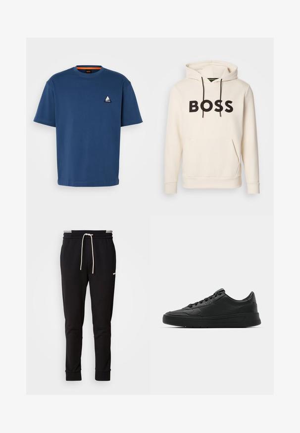 Krēmkrāsas kapuce ar melnu "BOSS" tekstu uz krūtīm, melniem auklām un priekšējo kangaru kabatu.; Tumši zila kokvilnas T-krekls ar apaļu kakla izgriezumu. Priekšpusē kreisajā krūtī redzam trīsstūra logotipu baltā un zilā krāsā. Īsas piedurknes, brīvs piegrieziens.; Melni slaidi jogger bikses ar baltu auklu, ribotām piedurknēm un diskrētu logo augšstilbā uz vienkārša fona.; Melnās kedas ar gludu ādas augšpusi, apaļu purngalu, plakaniem šņorēm, mīkstinātu apkakli un minimālistisku dizainu. Gumijas zole ar smalku rakstu.