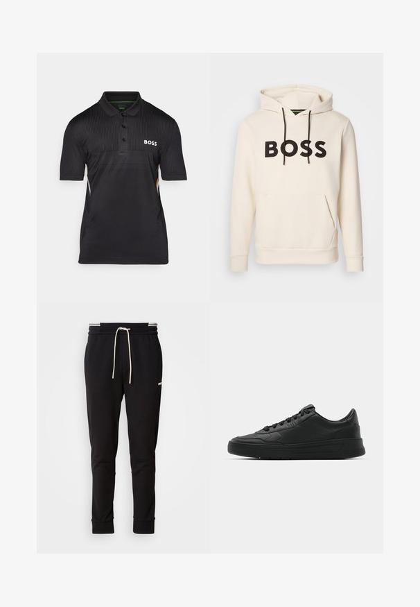 Krém színű kapucnis pulóver fekete "BOSS" felirattal a mellrészen, fekete húzózsinórokkal és egy elülső kenguruzsebbek.; Fekete póló, amely texturált anyagból készült, rövid ujjú, három gombos gallérral és fehér "BOSS" logóval a mellrészen.; Fekete, slim-fit jogger nadrág fehér húzózsinórral, bordás mandzsettákkal és diszkrét logóval a comb felső részén, egyszínű háttér előtt.; Fekete sneaker sima bőr felsőrésszel, kerek orral, lapos fűzőkkel, párnázott nyakkal és minimalista dizájnnal. Gumi talp finom profillal.
