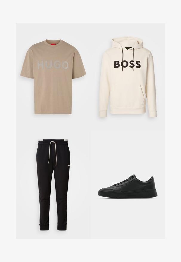 Krämfärgad huvtröja med svart "BOSS"-text på bröstet, svarta dragsnören och en framficka i känguru-stil.; Beige bomullströja med rund hals och korta ärmar. "HUGO" är tydligt tryckt i grått över framsidan. Slät textur.; Svarta slim-fit joggerbyxor med vit dragsko, ribbade muddar och subtil logotyp på övre låret mot en neutral bakgrund.; Svart sneaker med slät läderöverkänsla, rund tå, platta snören, vadderad krage och minimalistisk design. Gummisula med subtilt mönster.