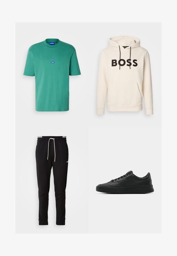 Un hanorac crem cu text negru "BOSS" pe piept, sireturi negre și o buză frontală tip kangur.; HUGO NIEROS - Tricou basic - open green; Pantaloni jogger slim-fit negri cu șnur alb, manșete ribbate și un logo discret pe coapsa superioară, pe un fundal simplu.; Nike sport cu partea superioară din piele netedă, vârf rotund, sireturi plate, guler căptușit și design minimalist. Talpă din cauciuc cu un model discret de profil.