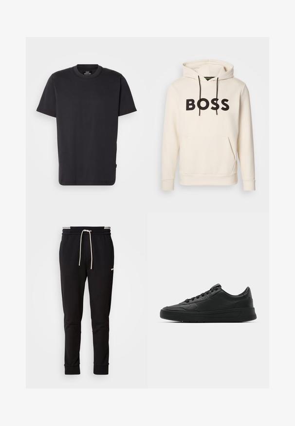 Krém színű kapucnis pulóver fekete "BOSS" felirattal a mellrészen, fekete húzózsinórokkal és egy elülső kenguruzsebbek.; Fekete pamut póló kerek nyakkivágással és rövid ujjal, egyenes fazonnal, a nyaknál minimális logóval.; Fekete, slim-fit jogger nadrág fehér húzózsinórral, bordás mandzsettákkal és diszkrét logóval a comb felső részén, egyszínű háttér előtt.; Fekete sneaker sima bőr felsőrésszel, kerek orral, lapos fűzőkkel, párnázott nyakkal és minimalista dizájnnal. Gumi talp finom profillal.
