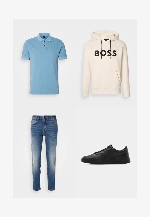 Kremfarget hettegenser med svart "BOSS" tekst på brystet, svarte snorer og en kengurulomme foran.; Lys blå polo skjorte laget av bomull, med en to-knapps placket, korte ermer og en liten brodert logo på brystet.; Blå denimjeans med rette ben, lys falming, klassisk fem-lomme-stil og glidelås med knappelukking.; Sorte sneakers med glatt skinnøvre, rund tå, flate lisser, polstret krage og minimalistisk design. Gummisåle med subtilt mønster.