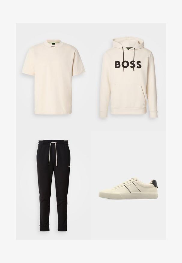 Kreemivärvi kapuutsiga särk, millel on must "BOSS" tekst rinna peal, mustad nöörid ja esine tasku.; Kreemja värvi lühikeste varrukatega T-särk kõrge kaelusega, mille ees on musta värvi kiri "BOSS" trükitud kaelaosa ja siltide peale.; Mustad slim-fit spordipüksid valge paelaga, ribakudumiga sääreotstes ja õrn logo ülemisel reies, mille taust on lihtne.; Kreemikaalased sneekerid sileda pinnaga, millel on mustad aktsendid ja bränding. Klassikaline paeltega mudel ümmarguse ninaga ja kummist tallaga.