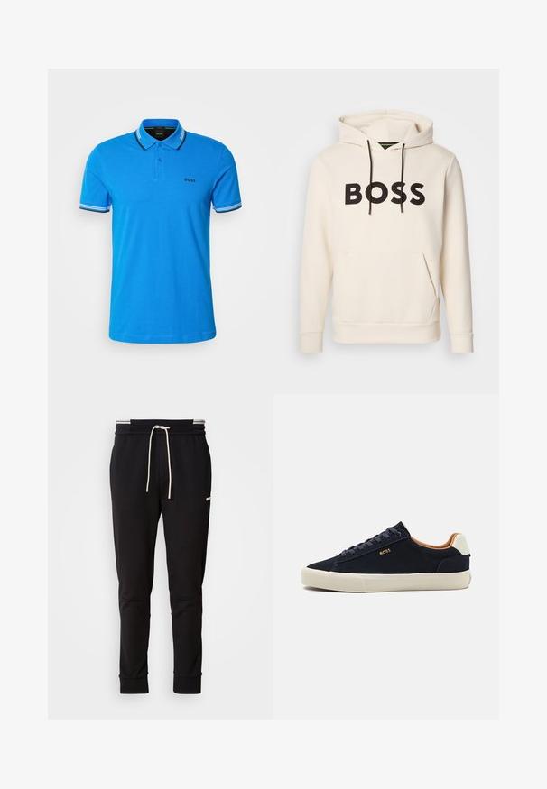 Krémová mikina s kapucňou a čiernym textom "BOSS" na hrudi, čiernymi šnúrkami a prednou kengurou vreckom.; BOSS PAUL - Polokošeľa - open blue; Čierne slim-fit teplákové nohavice s bielou šnúrkou na stiahnutie, rebrovanými manžetami a nenápadným logom na hornej strane stehna na jednofarebnom pozadí.; Námornícke semišové nízke tenisky s béžovou podrážkou, kontrastným hnedým interiérom a logom na vonkajšej strane. Majú okrúhle šnúrky a hladkú textúru.