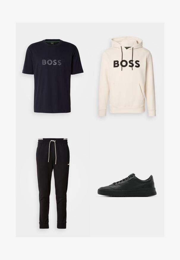 Sweatshirt creme com o texto "BOSS" em preto no peito, cordões pretos e um bolso tipo canguru na frente.; T-shirt de algodão azul marinho com gola redonda canelada e um grande logotipo "BOSS" semi-relevado no peito. Mangas curtas, ajuste descontraído.; Calças de jogging slim-fit pretas com cordão branco, punhos canelados e um logótipo subtil na parte superior da coxa, contra um fundo simples.; Sapatilha preta com parte superior em couro liso, bico arredondado, cadarços planos, colarinho almofadado e design minimalista. Sola de borracha com padrão de tração discreto.