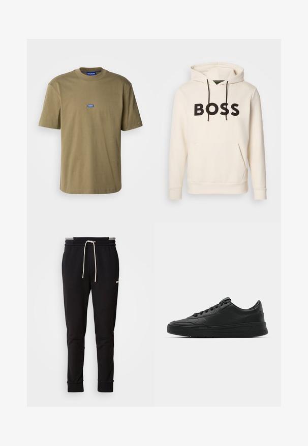 Sweatshirt creme com o texto "BOSS" em preto no peito, cordões pretos e um bolso tipo canguru na frente.; T-shirt de algodão verde-oliva, com gola redonda e mangas curtas, apresenta um logotipo retangular azul com "HUGO" na frente, textura suave.; Calças de jogging slim-fit pretas com cordão branco, punhos canelados e um logótipo subtil na parte superior da coxa, contra um fundo simples.; Sapatilha preta com parte superior em couro liso, bico arredondado, cadarços planos, colarinho almofadado e design minimalista. Sola de borracha com padrão de tração discreto.