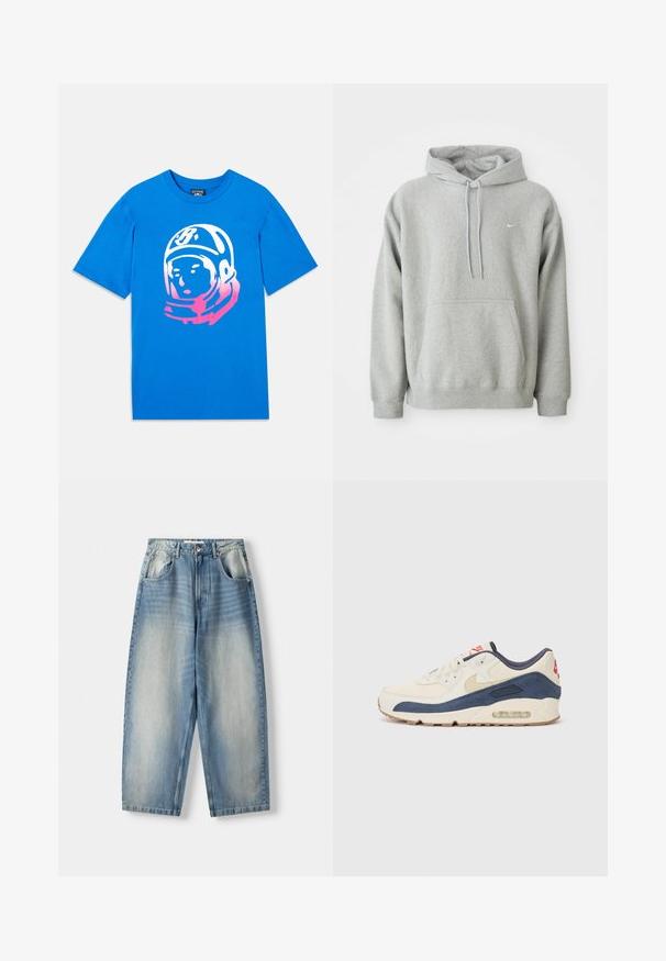 Grå hoodie i mjukt material med en känguruficka, snörning i huvan och liten vit logotyp på bröstet. Bekväm och avslappnad passform.; Blå bomullströja med grafiskt tryck av en astronautansikte i vitt och rosa. Kort ärm och klassisk rundhalsad design.; Ljusblå denimjeans med en avslappnad passform, featuring en rak ben-design, framfickor och en knappstängning i midjan.; Sneakers med ovandel i krämfärgad läder och marinblå mocka, featuring en synlig luftsål, beige gummisula och röd accent på hälen.