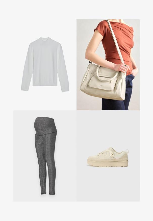 Fehér garbó pulóver hosszú ujjal, bordázott gallérral és szegéllyel. Puha tapintású, minimalista dizájn, látható minták vagy díszítések nélkül.; Terhességi leggings rugalmas, fényes fekete anyagból. Magas derék a kényelem érdekében, karcsú fazon a lábakon, sima textúrával.; Beige sportcipő sima és textúrált anyagok keverékéből, vastag talppal, díszes fűzőkkel és hátsó húzófüllel.; Fehér bőr táska dupla füllel és levehető pánttal, elülső cipzáras zsebbel és sima textúrával. Egy személy karján hordva.