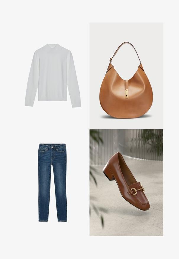 Bela turtleneck jopica z dolgimi rokavi, z ribanim ovratnikom in robom. Mehak material, minimalistična zasnova brez vidnih vzorcev ali dodatkov.; Ozke jeans iz temno modrega denima, ki imajo klasično pet-pocket zasnovo, ravne šive ter zapiranje na gumb in zadrgo.; Rjavi lakirani loafer z kvadratnim nosom, kovinsko verigo kot okrasom in nizko blok podplatom; gladka tekstura, minimalističen dizajn.; Torbica iz svetlo rjave usnjene oblike s širokim ramenskim trakom. Ima zlatni kovinski poudarek na sredini in gladko teksturo.