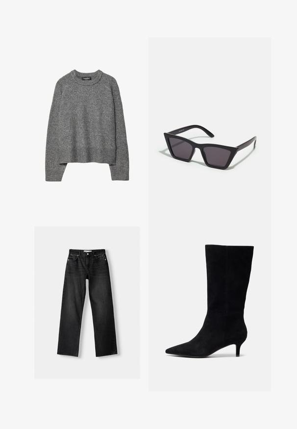 Sivi pleteni pulover s okruglim izrezom, rebrastim manžetama i rubom, s ležernim krojem i mekanom teksturom.; Bershka Traperice ravnih nogavica - mottled dark grey; Crne nubuk čizme do članaka s šiljastim nosom, uskim potpeticama i glatkom teksturom, s prilagođenim siluetom i bez vidljivih metalnih dijelova.; Crne, uglaste sunčane naočale sa sivoj lećama; izrađene od plastike, imaju debele nogice s glatkom površinom i bez vidljivih metalnih dijelova.