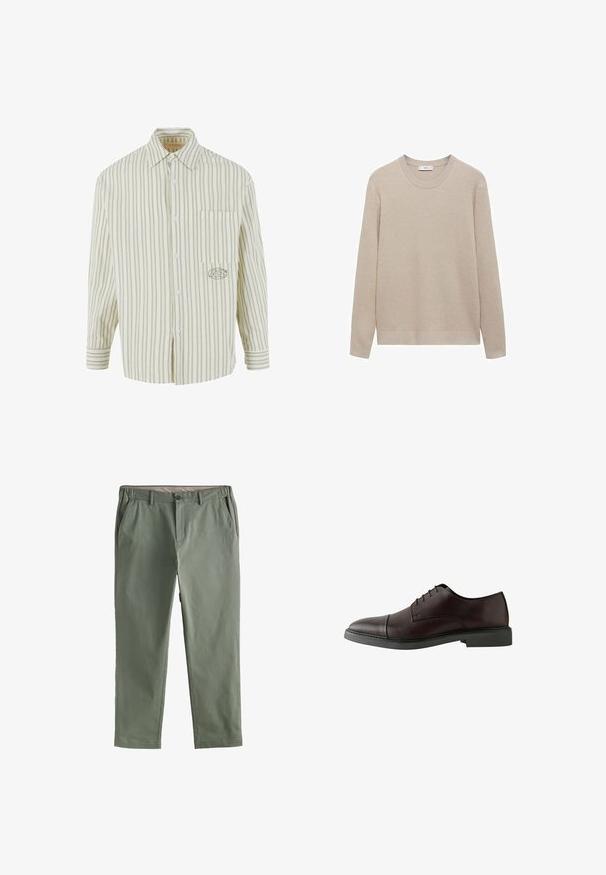 Beige ribbet striktrøje med rund halsudskæring, lange ærmer og lige kant. Blød tekstur og neutral farve, der er velegnet til lag-på-lag. ; Lysegrøn og hvid stribet skjorte med knaplukning foran, en brystlomme og broderet logo på venstre side. Fremstillet i bomuldsmateriale, lange ærmer.; Lys olivengrønne, lige bukser lavet af blødt stof. Har to frontlommer, en knaplukning og et glat liv.; Mørk bordeaux læder snøresko med en rund tå, flad sort sål, minimal syninger og glat overflade.