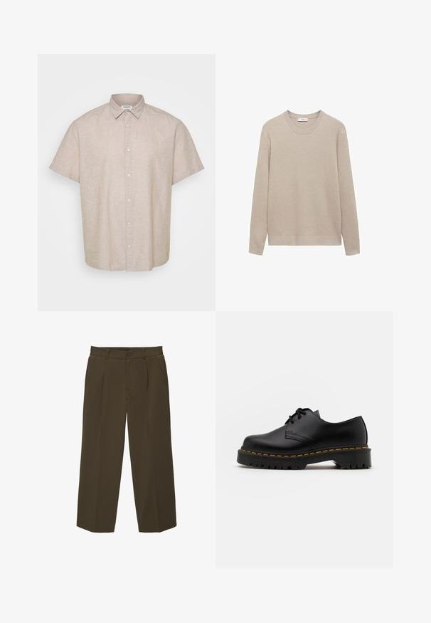 Beige geribbelde gebreide trui met een ronde halslijn, lange mouwen en een rechte zoom. Zachte textuur en neutrale kleur, geschikt voor lagen.; Korte mouwen, overhemd met kraag in lichtbeige linnen. Beschikt over een knoopsluiting aan de voorkant en een losse pasvorm met een gladde, gestructureerde oppervlakte.; Bruine, losse vouwbroek gemaakt van zachte stof met een vlakke voorkant, zijzakken en een knoopsluiting in de taille. Eenvoudig ontwerp zonder patronen.; Zwarte leren veterschoen met een ronde neus, getextureerde rubberen zool en gele stiksels rond de basis. Plat ontwerp en een gladde afwerking.
