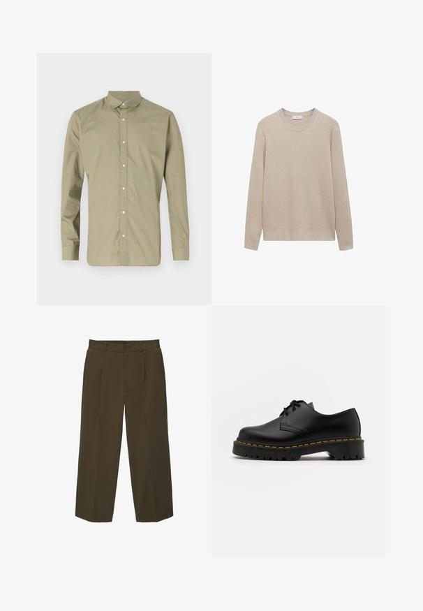 Pulover bej din tricot cu model rib, cu guler rotund, mâneci lungi și tiv drept. Textură moale și culoare neutră, potrivită pentru stratificare.; Cămașă de culoare verde oliv, cu guler ascuțit, mâneci lungi și o textură netedă, având nasturi din plastic transparent pe toată partea din față.; Pantaloni maro, cu croială lejeră, dintr-un material moale, cu talie plată, buzunare laterale și închidere cu nasture la talie. Design simplu, fără tipare.; Pantof black din piele, cu sireturi, cu vârf rotund, talpă din cauciuc texturat și cusături galbene în jurul bazei. Design plat și finisaj neted.