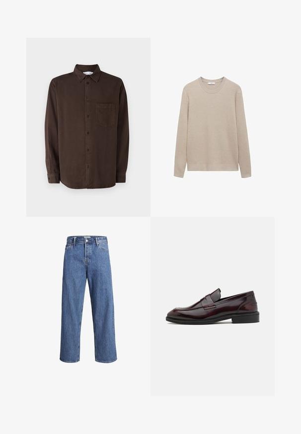 Maglione a coste beige con scollatura rotonda, maniche lunghe e orlo dritto. Tessuto morbido e colore neutro adatto per essere indossato a strati.; Samsøe Samsøe DAMON - Camicia - chocolate torte; Jeans in denim blu chiaro con una vestibilità dritta, vita alta e dettagli di cucitura minimi. Il tessuto ha una texture morbida e leggermente sbiadita.; Mocassini in pelle bordeaux con una finitura liscia, accentuati da una parte frontale rettangolare e una punta rotonda, dotati di suola in gomma nera.