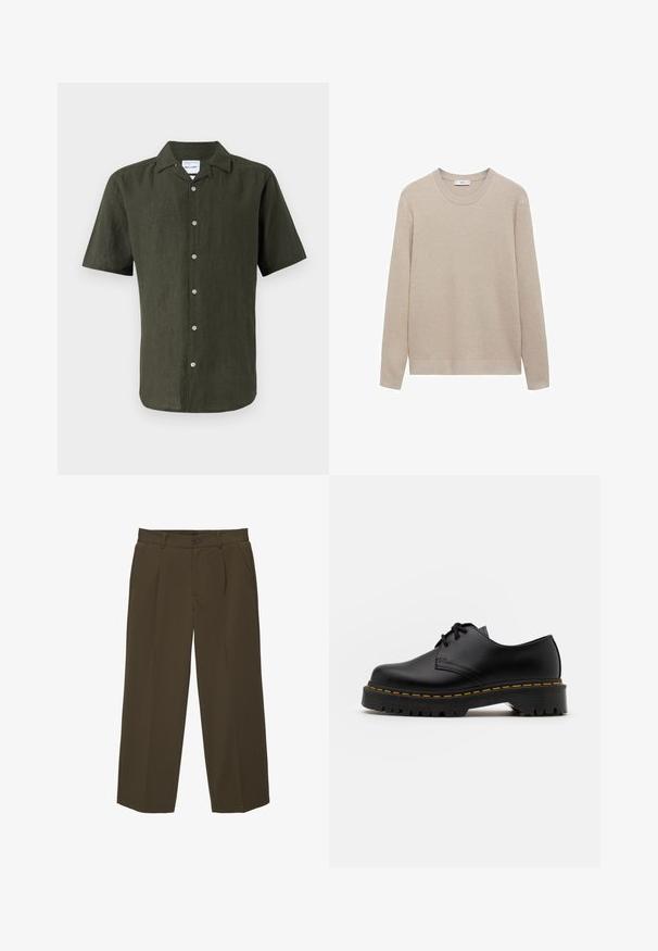 Beige gerippter Strickpullover mit Rundhalsausschnitt, langen Ärmeln und geradem Saum. Weiche Textur und neutrale Farbe, die sich gut zum Schichten eignet.; Kurzärmliges, dunkelgrünes Leinenhemd mit Kragen, durchgehender Knopfleiste und geradem Saum. Strukturiertes Gewebe mit leichtem Glanz.; Braune, locker sitzende Hose aus weichem Material mit flachem Frontschnitt, Seitentaschen und einem Knopfverschluss an der Taille. Schlichtes Design ohne Muster.; Schwarze Leder Schnürschuhe mit runder Spitze, strukturiertem Gummisohle und gelben Nähten um den Rand. Flaches Design und glatte Oberfläche.