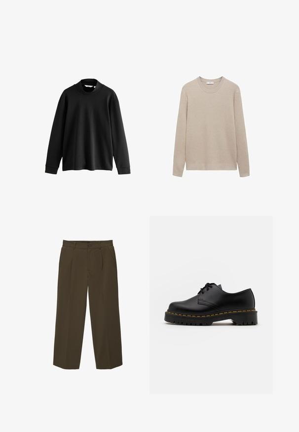 Beżowy sweter z prążkowanego materiału o okrągłym dekolcie, długich rękawach i prostym wykończeniu. Miękka tekstura i neutralny kolor, idealne do warstwowego ubierania.; Czarny longsleeve z wysokim kołnierzem, wykonany z miękkiego materiału, z obniżonymi ramionami i ściągaczami na rękawach, zapewniający luźny krój.; Brązowe, luźne spodnie wykonane z miękkiego materiału, z płaskim przodem, kieszeniami bocznymi i zapięciem na guzik w talii. Gładki design, bez wzorów.; Czarne skórzane buty na sznurówki z zaokrąglonym noskiem, teksturowaną gumową podeszwą i żółtym przeszyciem wokół podstawy. Płaski design i gładkie wykończenie.
