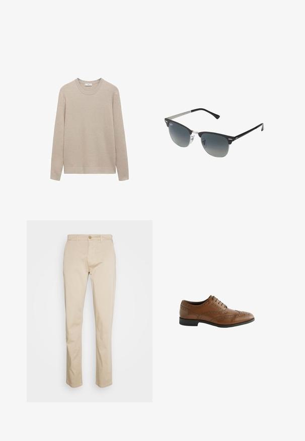 Beige gerippter Strickpullover mit Rundhalsausschnitt, langen Ärmeln und geradem Saum. Weiche Textur und neutrale Farbe, die sich gut zum Schichten eignet.; Beige Baumwoll-Chinos mit geradem Bein, ausgestattet mit einem Knopfverschluss und subtiler Textur. Keine sichtbaren Muster oder Akzente.; Braune Leder-Schnürschuhe mit kunstvollen Broguing-Details, runder Zehenform und flachem Absatz. Verfügt über fünf Schnürösen und eine glatte Oberfläche.; Schwarze und silberne Sonnenbrille mit Katzenaugenform, verlaufenden Gläsern und metallischen Akzenten im Rahmen. Plastische Bügel mit grauen Spitzen.