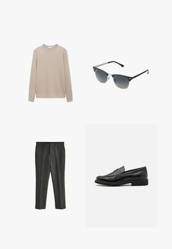 Bež pulover iz ribane pletenine s okroglo izrezom, dolgimi rokavi in ravnim robom. Mehak material in nevtralna barva, primerna za plastenje.; Next REGULAR FIT DONEGAL - Hlače chino - green; Črne sintetične loafers čevlje s poudarjenim šivanim sprednjim delom, blazinasto vložkom in ravnim gumijastim podplatom; eleganten dizajn z minimalnimi detajli.; Črne in srebrne sončna očala v obliki mačjih oči, z gradientnimi lečami in kovinskimi dodatki na okvirju. Plastične ročke s sivimi konicami.