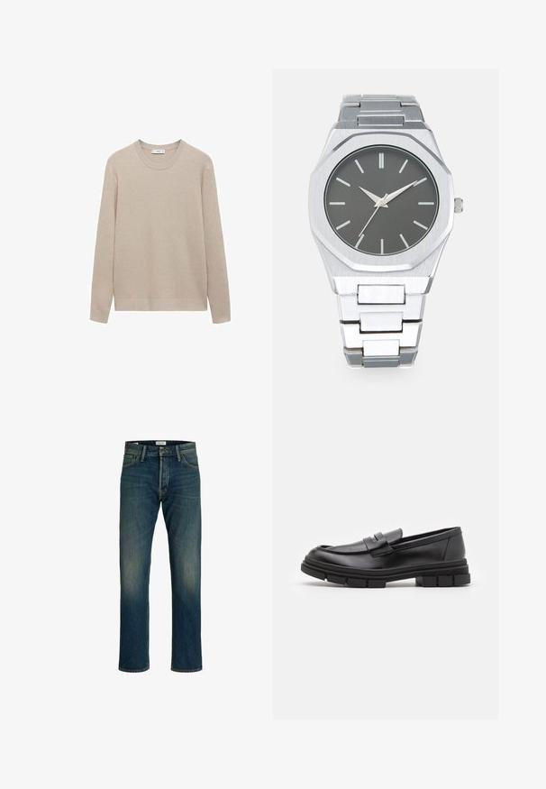 Beige geribbelde gebreide trui met een ronde halslijn, lange mouwen en een rechte zoom. Zachte textuur en neutrale kleur, geschikt voor lagen.; Denim jeans met een gemiddeld blauwe wassing, rechte pijpen, een klassiek vijf-pocket ontwerp en lichte vervaging op de dijen voor textuur.; Zwarte leren instappers met een gladde afwerking, voorzien van een voorste banddetail en een stevige rubberen zool met gegroefde accenten.; Zilveren analoge horloge met een achthoekige kast, grijze wijzerplaat, zilveren uurmarkers en een bracelet van roestvrij staal. Minimalistisch ontwerp met een gladde textuur.