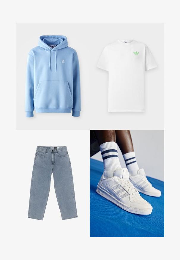 Hele sinine kapuutsiga pusa, mis on valmistatud puuvillase segu kangast. Sellel on ees kangaroo tasku, reguleeritav nööriga kapuuts ja väike valge logo rinnal.; Valge puuvillane lühikeste varrukatega T-särk, millel on vasakul rinna poole väike roheline Adidas'i logo. Lihtne, klassikaline disain ümmarguse kaelusega.; Heledad denimist sinised laiad püksid nööbiga kinnitamine, viis taskut ja sirged lõiked. Pehme tekstuur, minimaalne kulumine ja puhas õmblus.; Valge nahast jooksujalatsid, millel on perforatsioonidega detailid, kolm metallilist triipu ja tekstureeritud külgpaneel. Kanna valgeid sokke, millel on sinised triibud.