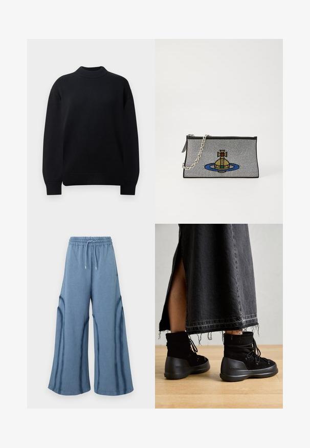 Sort strikket pullover-sweater med ribbet rund hals, droppede skuldre og ribbede manchetter og kant. Enkel, ensfarvet design.; Blå brede bukser med elastisk talje og snøre, med syninger langs benene.; Sorte ankelstøvler i ruskind med rund tå, snørelukning og en tyk, tekstureret gummisål. Uferdig denimnederdel synlig.; Sort clutch taske med sølvkæde, udstyret med et farverigt perledesign af en gul ubåd omkranset af en blå ring.