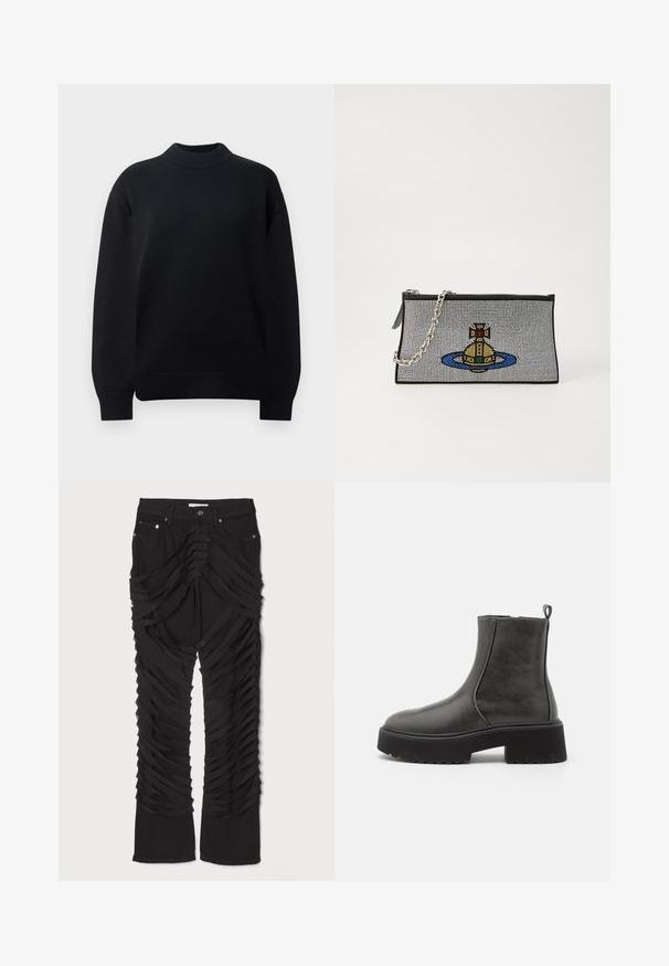 Pulover negru tricotat, cu guler rotund ribat, umeri lăsați și manșete și tiv ribbate. Design simplu, de culoare solidă.; Pantaloni negri cu benzi de material stratificate pe lungimea picioarelor, având un fermoar și un nasture la închidere. Fabricati dintr-un material moale, texturat.; Cizme negre până la gleznă cu un exterior sintetic neted, panouri laterale elastice, un mâner pentru a fi încape mai ușor și o talpă din cauciuc robustă.; Geantă de mână neagră cu curea din lanț argintie, având un design colorat din mărgele care reprezintă un submarin galben înconjurat de un cerc albastru.