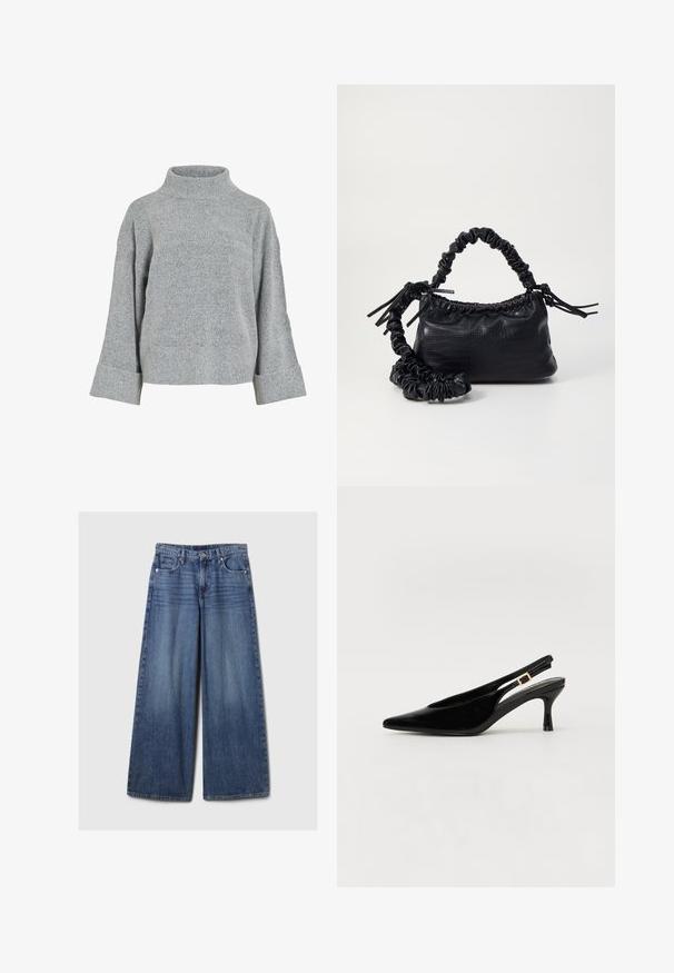 Gray knitted sweater with a high collar, wide sleeves, and textured fabric. Features a casual fit and ribbed accents at the cuffs and hem.; Wide-leg blue denim jeans with a faded finish, featuring a button and zipper closure, five pockets, and belt loops.; Black patent leather slingback pump with a pointed toe, low heel, and a gold buckle accent on the strap. Smooth texture and sleek design.; Black faux leather handbag with a crocodile texture, cinched top, and a scrunched strap. Appears soft and compact in design.