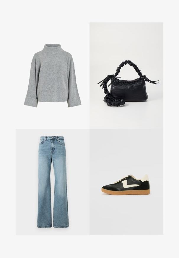 Pilkas megztinis su aukštu apykakle, plačiomis rankovėmis ir tekstūruotu audiniu. Turi laisvą siluetą ir raukšlėtus akcentus ant rankovių ir apvado.; Šviesiai mėlynos plačių kojų džinsai, pagaminti iš džinsinio audinio, su aukšta liemene, penkiomis kišenėmis ir mygtukų užsegimu. Lygi tekstūra su nudilusia apdaila.; Juodos zomšo ir odos sportinės bateliai su kreminiu šoniniu swoosh ir šviesiai kreminiu kulnu. Ypatybės - smėlio spalvos raišteliai ir guminis padas.; Juodas dirbtinės odos rankinė su krokodilo tekstūra, sušnibždinta viršuje ir susikraipytu dirželiu. Atrodo minkšta ir kompaktiška.