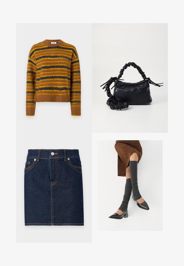 Suéter castanho com riscas horizontais amarelas e azuis. Feito de um material macio e felpudo, com decote redondo e mangas longas.; Saia de ganga azul-escura com costuras visíveis, design de cinco bolsos e fecho frontal com botão. Corte direto com uma bainha limpa.; Sapatos pretos de pele lacada com biqueira pontuda, salto bloco e tiras no tornozelo, combinados com caneleiras cinzas em malha e uma saia de camurça castanha.; Bolsa de mão em couro sintético preto com textura de crocodilo, topo franzido e alça enrugada. Apresenta um design suave e compacto.